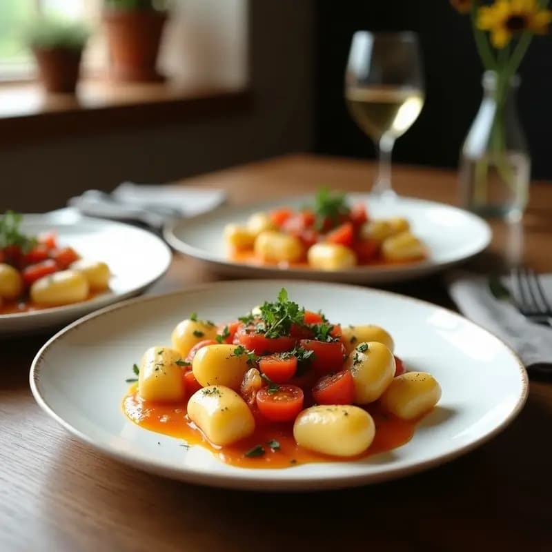 Plato blanco con gnocchi de mandioca y espinacas bañados en salsa de tomate seco, decorados con albahaca fresca y un hilo de aceite de oliva. Receta vegana en Thermomix.