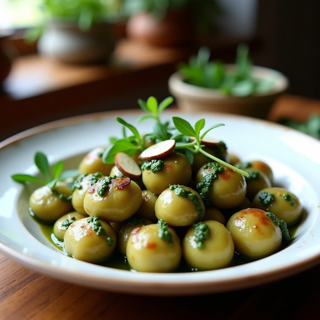 Plato blanco con gnocchi de ñame morado y espinacas, bañados en pesto de rúcula cremoso. Decoración con hojas de rúcula fresca y un hilo de aceite de oliva. Receta vegana sin gluten en olla express.