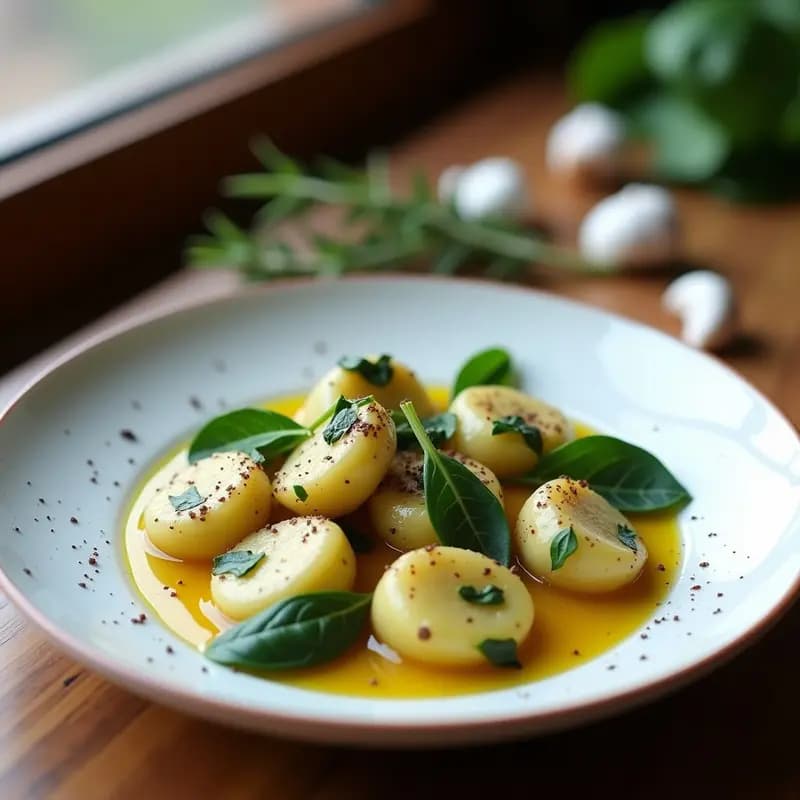 Plato blanco con gnocchi de ñame y espinacas bañados en salsa de ajo y aceite de oliva, decorados con perejil fresco y virutas de ajo dorado sobre fondo rústico de madera.