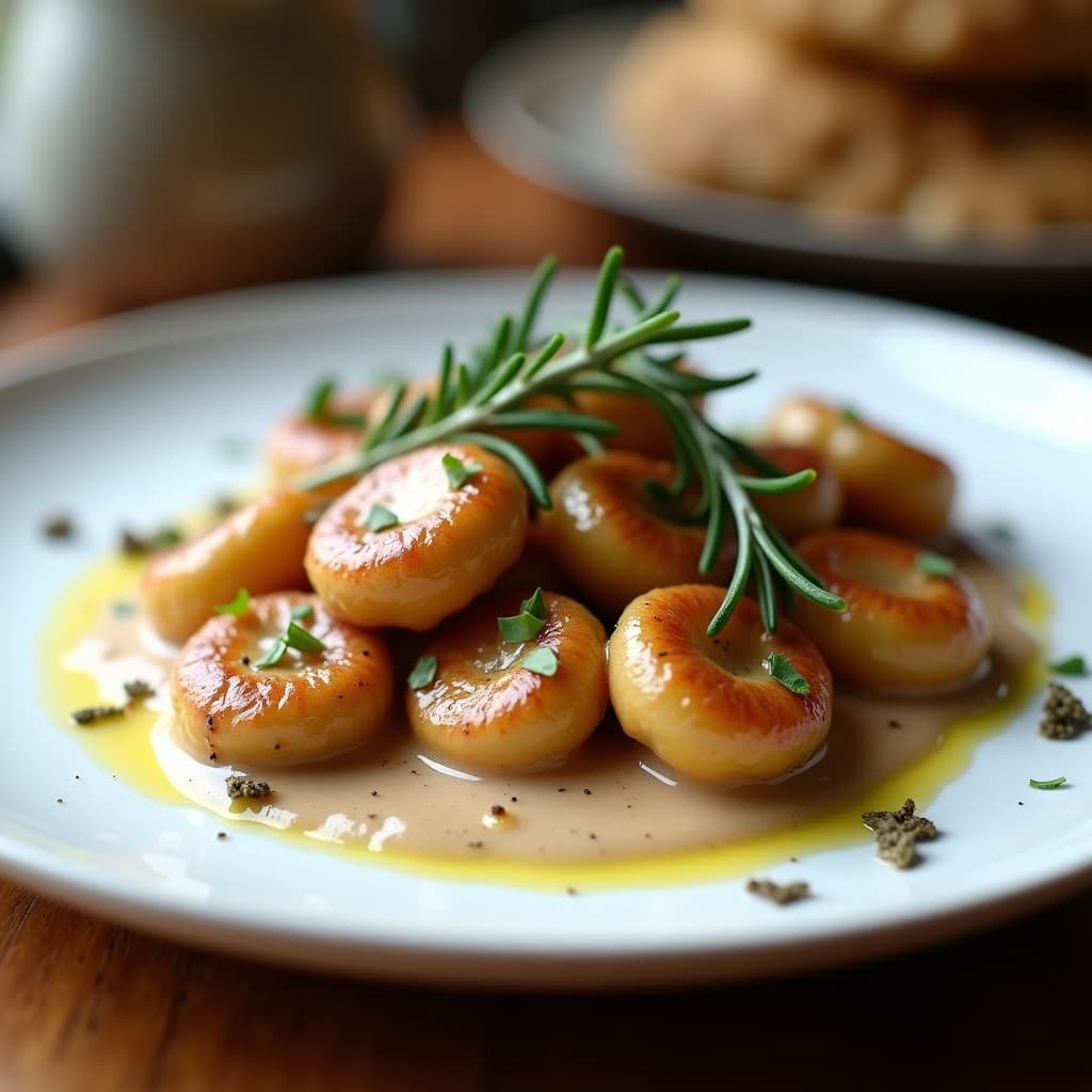 Plato blanco con gnocchi de ñame morado dorados en airfryer, bañados en salsa cremosa de romero y aceite de trufa negra, decorados con hojas frescas de romero y virutas de trufa.