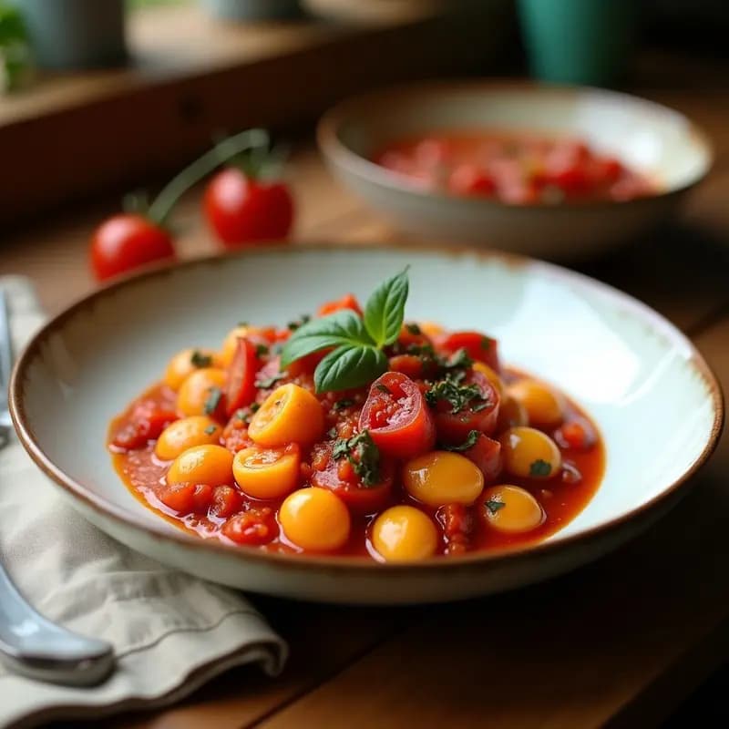 Plato hondo blanco con gnocchi de ñame morado de color violeta intenso, bañados en una salsa espesa de tomates secos y albahaca fresca. Decorados con piñones dorados y hojas de albahaca verde. Fondos borrosos de cocina rústica con luz natural.