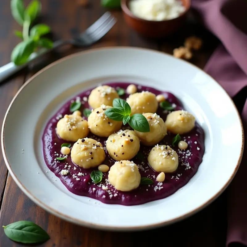 Plato blanco con gnocchi de puré de coliflor dorados, bañados en salsa pesto de albahaca morada, decorados con nueces troceadas y piñones. Receta italiana keto baja en carbohidratos.