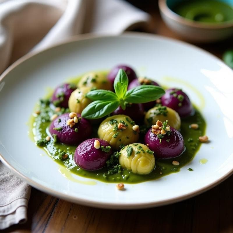Plato blanco con gnocchis de batata morada de color violeta intenso, bañados en un pesto verde brillante de albahaca y nueces. Decorados con hojas de albahaca fresca y trocitos de nuez. Fondo rústico con servilleta de lino.