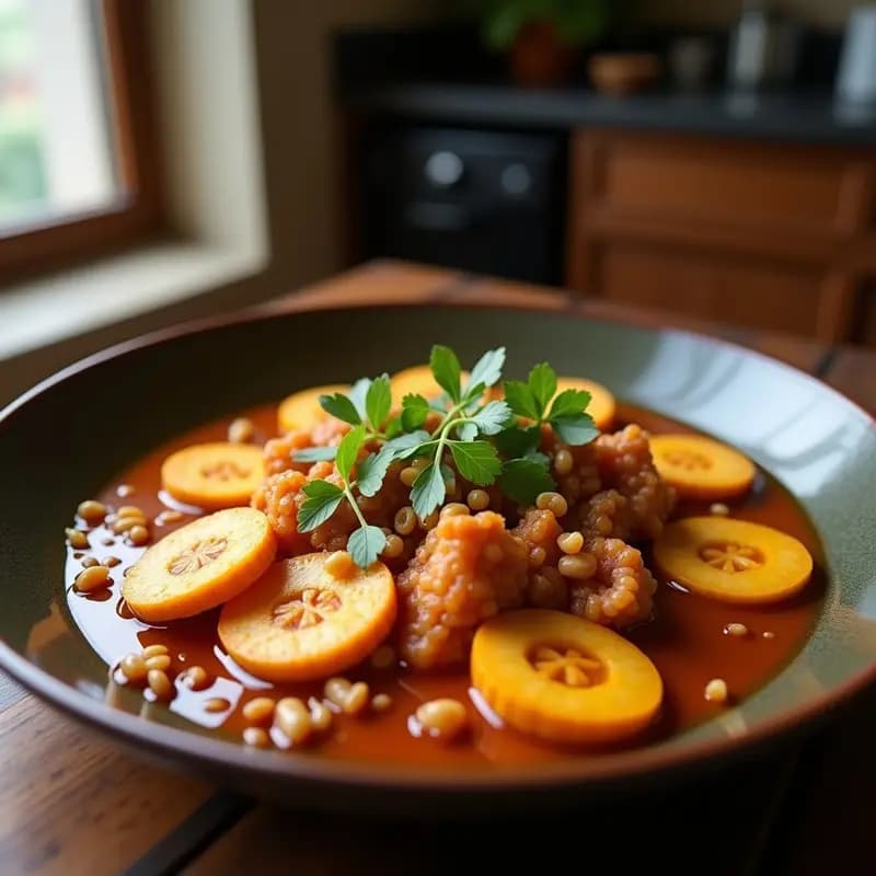 Plato blanco con gñoquis de calabaza asada dorados, bañados en salsa cremosa de nueces, decorados con hojas de salvia fresca y virutas de nuez, receta vegana y alta en fibra.