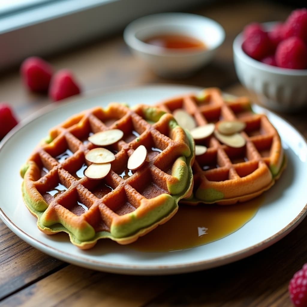 Gofres dorados y esponjosos de batata morada con vetas verdes de matcha, servidos en un plato blanco con sirope de arce y almendras fileteadas, desayuno vegano sin harina en airfryer.
