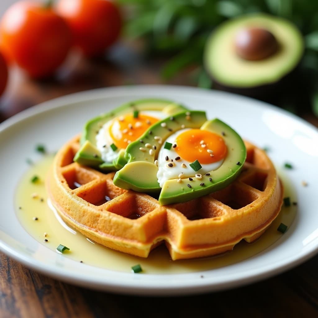 Plato blanco con dos gofres dorados y esponjosos de harina de garbanzo, cubiertos con láminas de aguacate cremoso y huevos de trucha naranjas. Decorados con semillas de sésamo y cebollino fresco, servidos en un desayuno keto elegante.