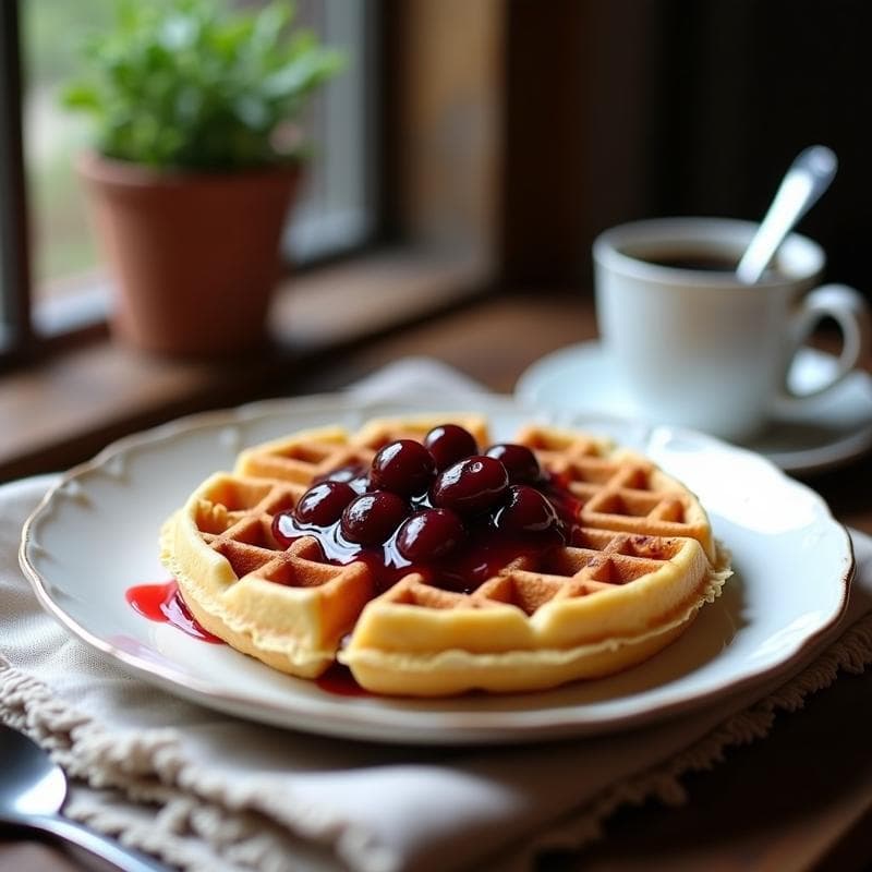 Plato blanco con gofres dorados y esponjosos de harina de alteza, cubiertos con compota de cerezas brillantes y jugosas, servidos sobre un mantel rústico con una taza de café al fondo. Desayuno francés sin gluten.
