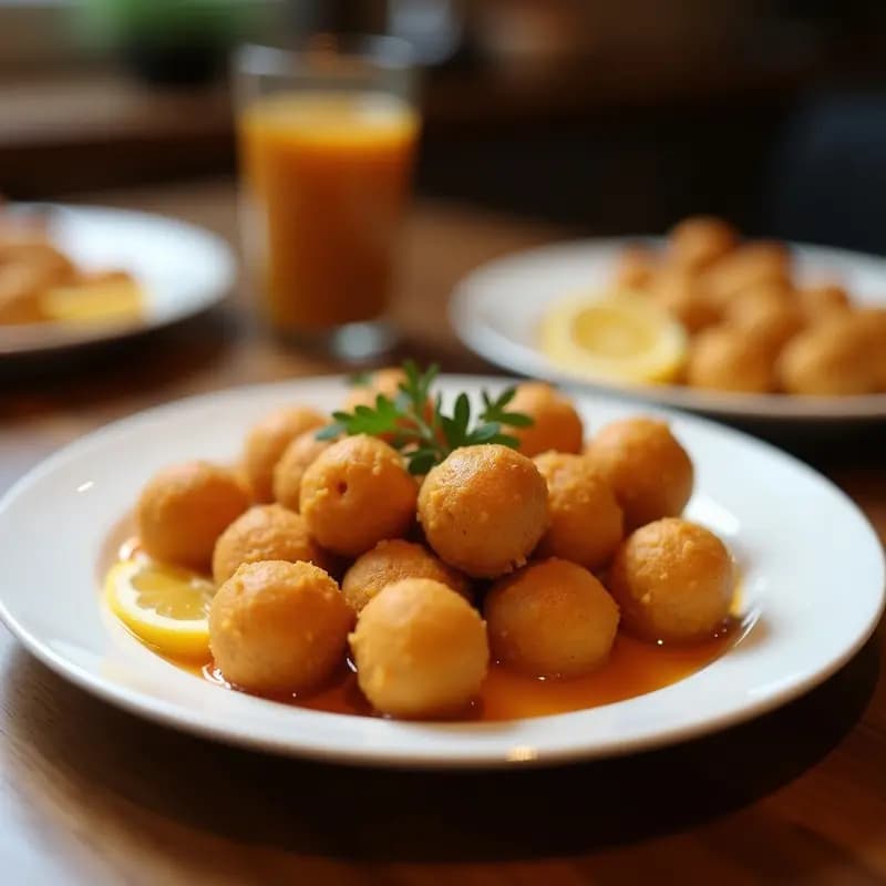Gofres dorados y esponjosos de harina de castaña y canela, apilados en un plato blanco con un chorrito de miel y canela espolvoreada. Fondo de cocina rústica con gofrera al fondo.
