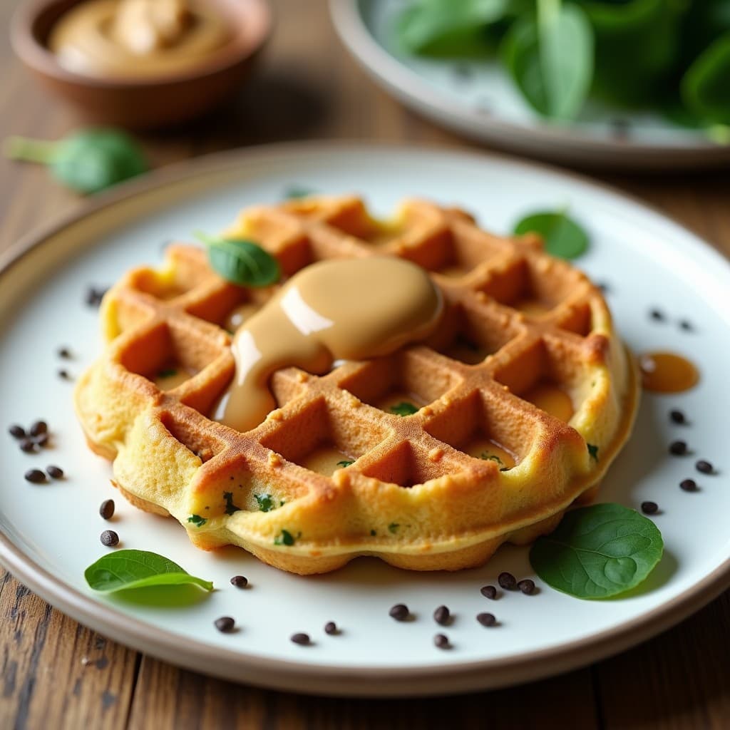 Gofres dorados y esponjosos de proteína de guisante y espinacas servidos en un plato blanco, con vetas verdes visibles y un hilo de crema de cacahuete por encima. Fondo con espinacas frescas y semillas de chía esparcidas.