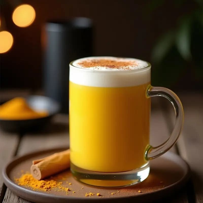 Taza de vidrio transparente con Golden Milk Turmeric Latte, bebida dorada brillante con espuma cremosa y especias de chai espolvoreadas en la superficie, fondo borroso con cucharita y especias al lado.