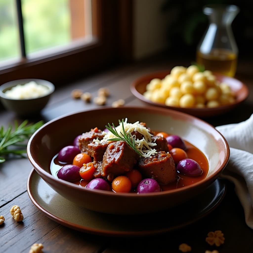 Plato hondo de barro con goulash de cordero espeso y dorado, servido sobre ñoquis de batata morada violeta, decorado con nueces picadas y queso parmesano rallado. Fondo de mesa de madera rústica con hierbas frescas.