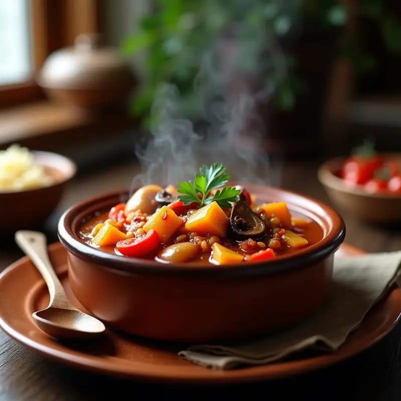 Olla de barro humeante con goulash húngaro vegano, espeso y brillante, lleno de cubos de ñame dorado, láminas de hongos portobello y shiitake, y tiras de pimiento rojo asado. Espolvoreado con perejil fresco, sobre fondo rústico de madera con cucharón de madera.