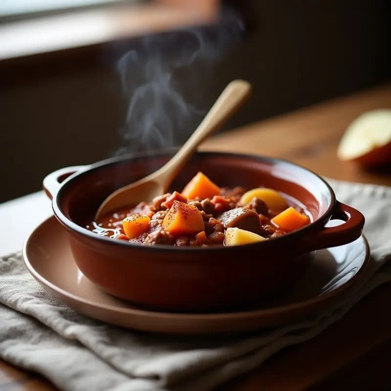 Plato hondo de barro con goulash húngaro de carne de res, trozos tiernos de carne, patatas y zanahorias en salsa espesa y oscura, espolvoreado con pimentón ahumado. Servido sobre mantel rústico con una cuchara de madera.