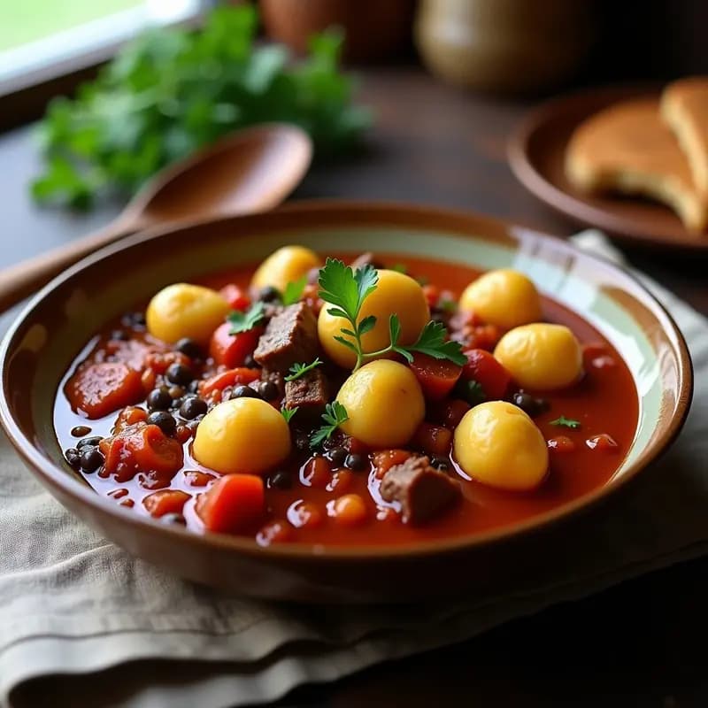Plato hondo de barro con goulash húngaro espeso, de color rojo intenso, acompañado de ñoquis de mandioca dorados y espolvoreados con perejil fresco. Al fondo, una cuchara de madera y un paño rústico.