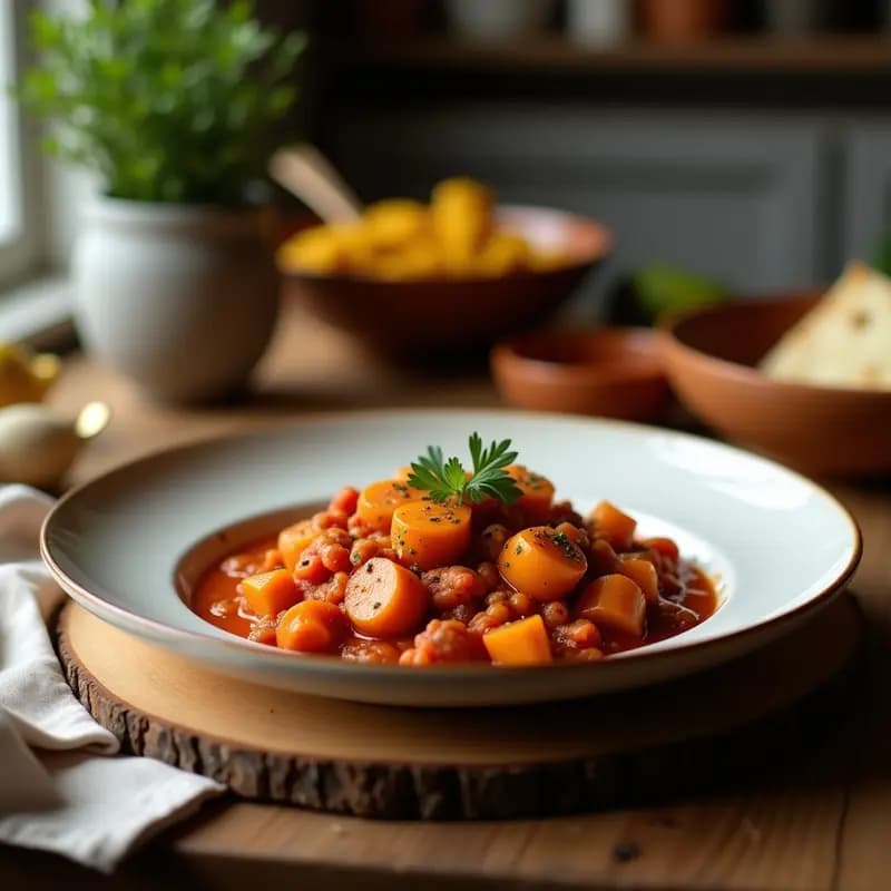 Olla de barro con goulash húngaro espeso, trozos de ternera dorada, ñoquis de papa dorados y salsa roja oscura con pimentón, decorado con hojas de salvia fresca y un hilo de aceite de oliva.