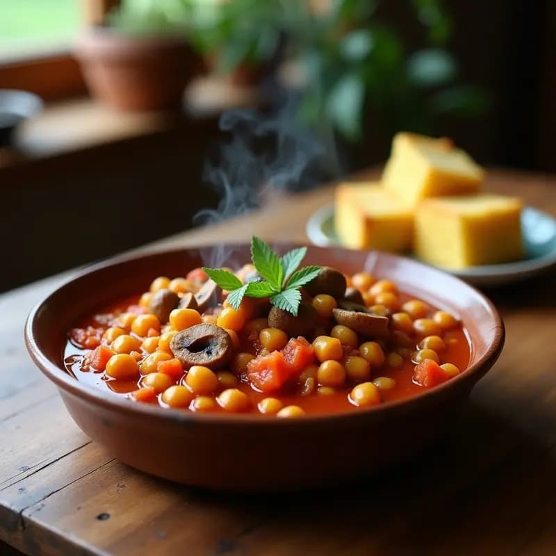 Olla de barro rústica con goulash húngaro vegano de pasta de garbanzo, caldo espeso de color rojo intenso, trozos de pimiento y setas, decorado con perejil fresco sobre fondo de madera oscura.