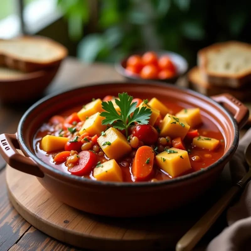 Olla de barro con goulash húngaro vegano con tofu, patatas y zanahorias, espolvoreado con perejil fresco, sobre una mesa rústica de madera.
