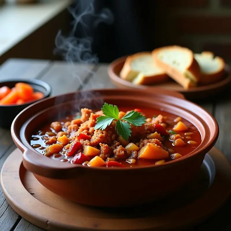 Olla de barro humeante con goulash húngaro de jackfruit vegano, espeso y oscuro, servido en cuenco rústico con perejil fresco. Pimientos rojos asados y especias visibles en la superficie.