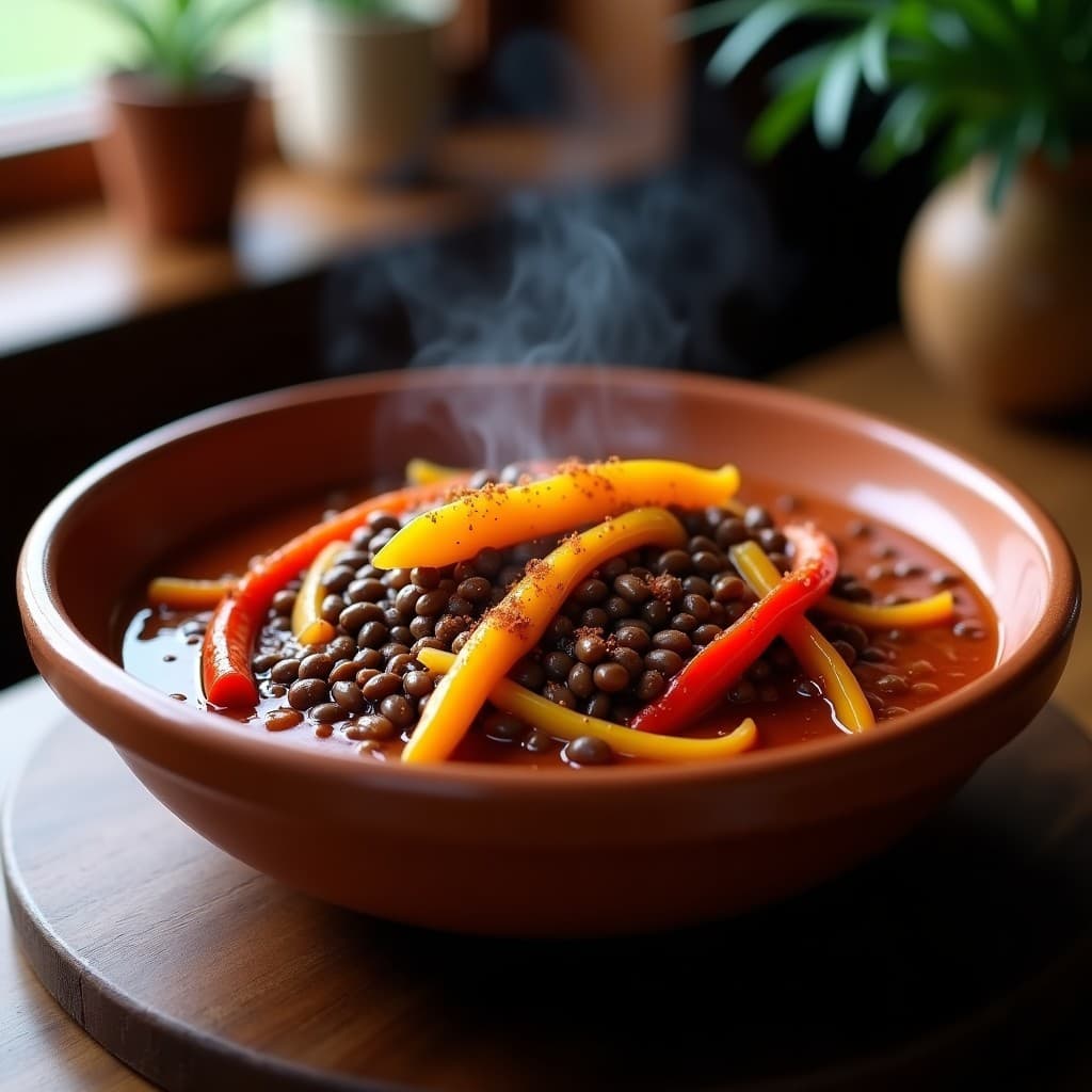Plato hondo de barro con goulash vegano de lentejas pardinas y pimientos rojos y amarillos en salsa espesa con especias hungaras, decorado con pimentón ahumado y aceite de oliva. Receta de olla express.