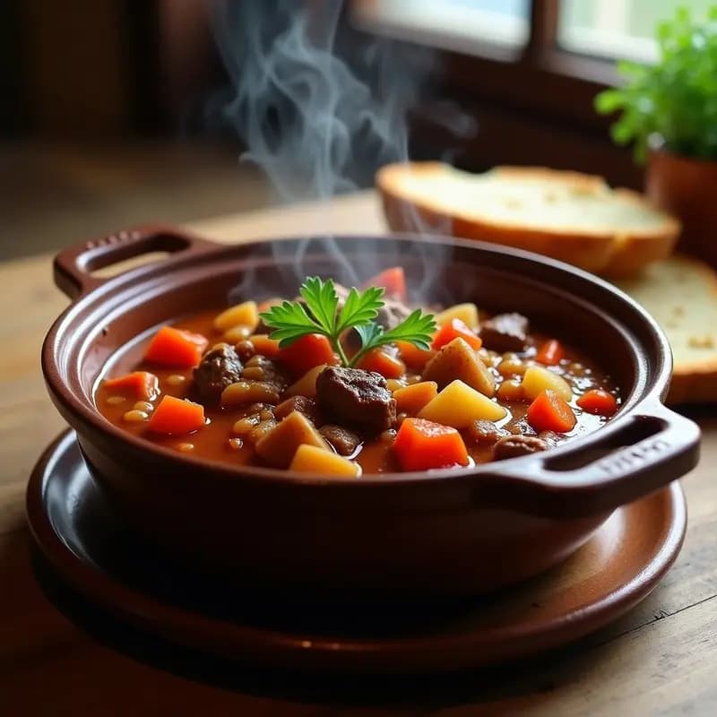 Olla de barro humeante con goulash magiar tradicional, trozos de ternera tierna, patatas, zanahorias y pimientos rojos en un caldo espeso y aromático, servido con pan rústico.