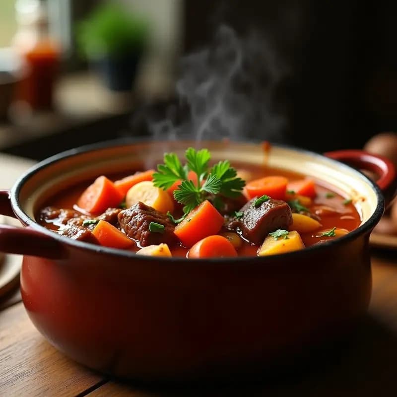Olla de barro humeante con goulash magyar húngaro, estofado espeso de carne de ternera, patatas y zanahoria, espolvoreado con perejil fresco.