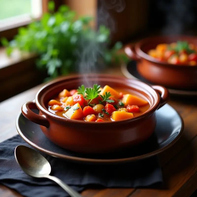 Goulash húngaro vegano en olla de barro, con trozos de ñame naranja, pimientos rojos y un generoso espolvoreado de perejil fresco. Plato reconfortante y tradicional con pimentón, servido en cuenco hondo.