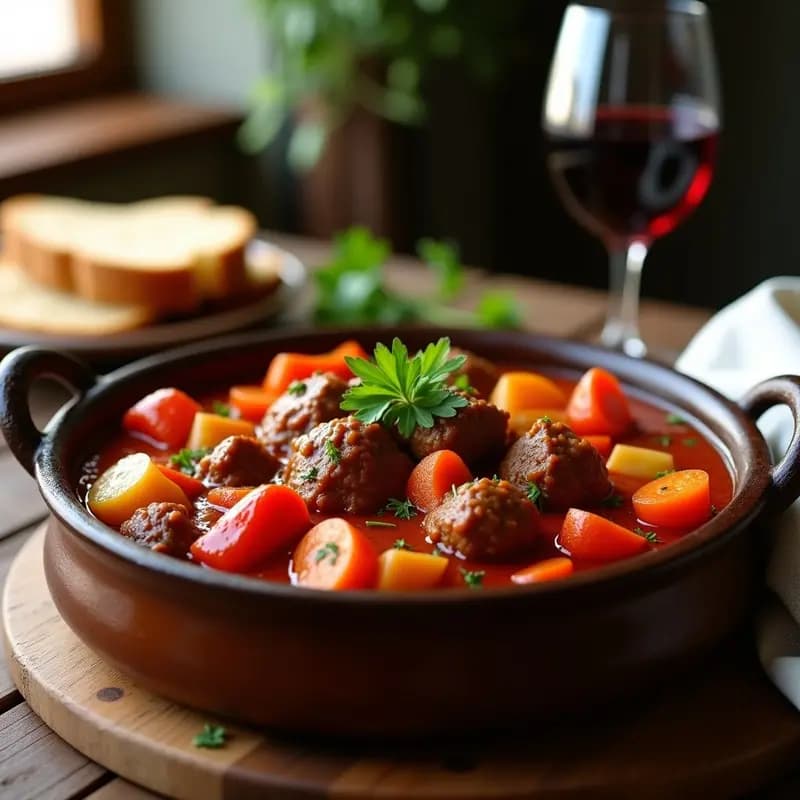 Olla de hierro fundido con goulash de ternera tradicional húngaro, salsa espesa de color rojizo intenso por el pimentón, trozos de carne tierna, patatas y pimientos, servido en plato hondo de barro con perejil fresco espolvoreado.