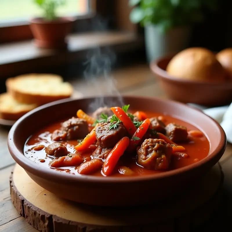 Olla exprés abierta mostrando un goulash espeso de ternera con trozos dorados, tiras de pimientos asados rojos y un toque oscuro de pasta de ñoras, servido en un plato hondo de barro con perejil fresco.