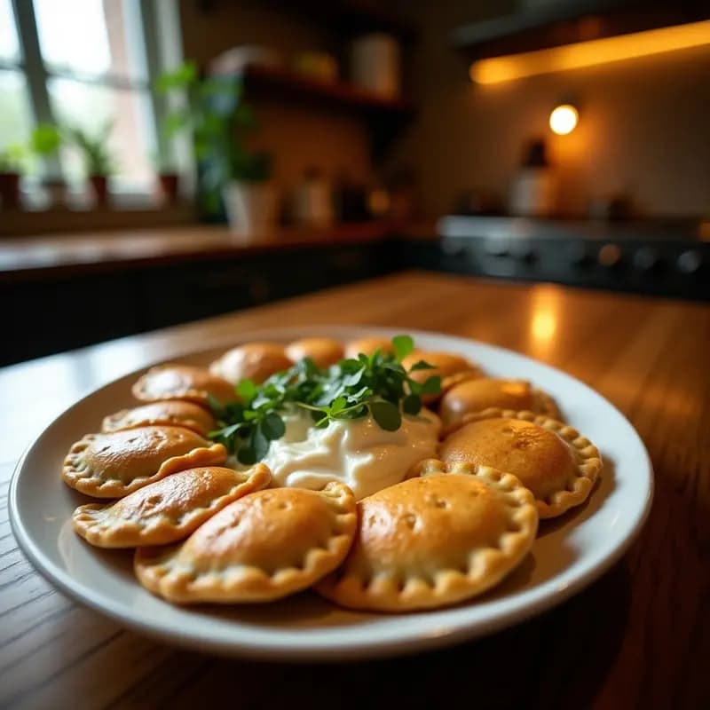 Gozlemas argentinas de espinaca y queso Tybo fritas, doradas y crujientes, apiladas en un plato de madera rústico con hojas de espinaca fresca y queso derretido asomando por los bordes. Receta tradicional de la Patagonia.