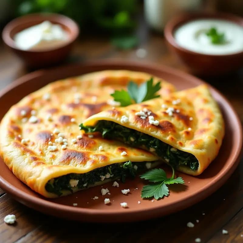 Gozleme de espinaca y queso Beyaz dorado y crujiente en sartén antiadherente, con bordes bien sellados y relleno cremoso asomando. Plato tradicional turco sin aceite, servido en tabla de madera con hierbas frescas.