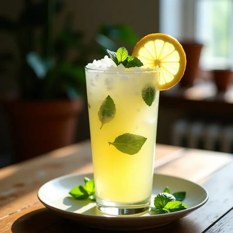 Copa de cristal transparente con granita de limón y hierbabuena con toque de jengibre, textura granulada y brillante, decorada con una rodaja de limón y hoja de hierbabuena fresca sobre fondo blanco rústico.
