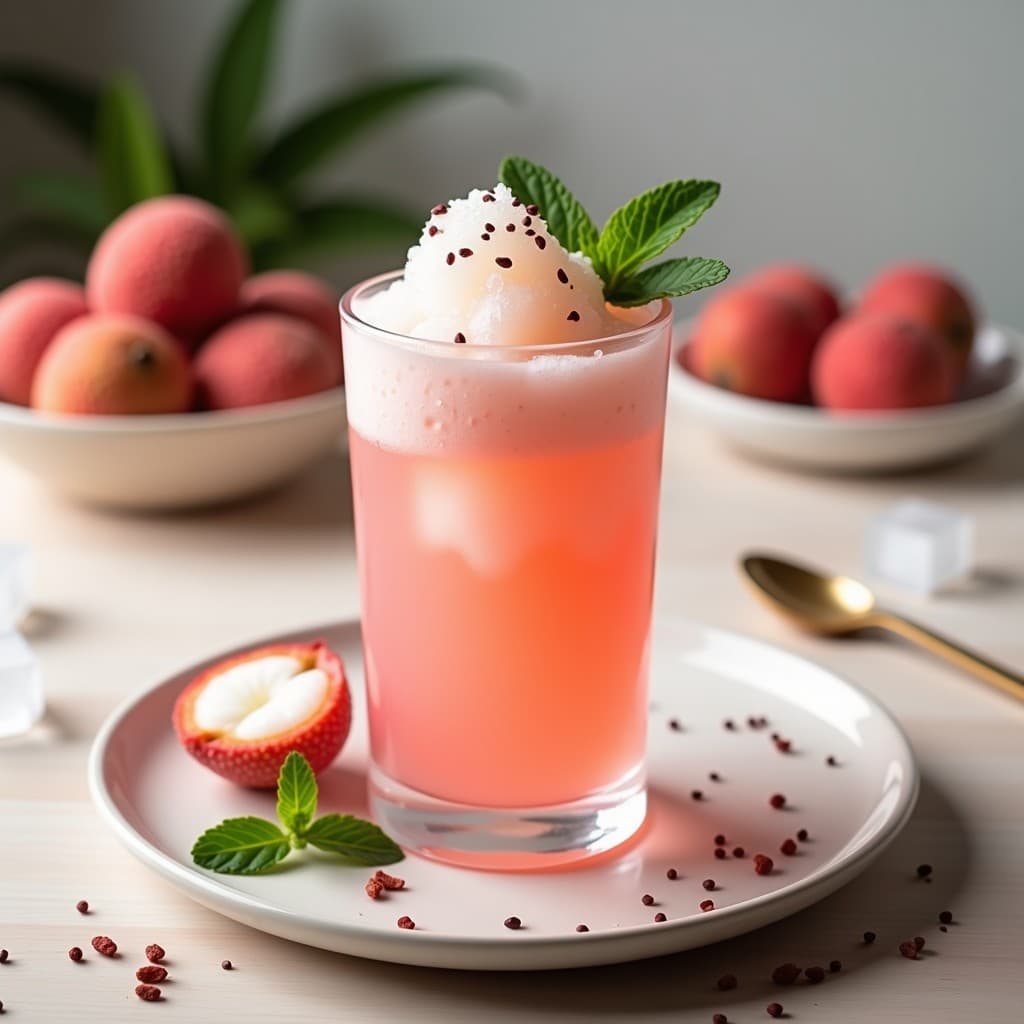Copa de cristal alta con granizado de lichi y rosa mosqueta, textura granulada y color rosado pálido, decorada con hojas de menta fresca y rodajas de lichi. Bebida china refrescante y alta en vitamina C.