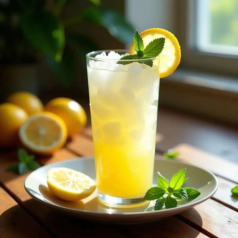 Vaso alto transparente con granizado de limón con hierbabuena, cristales de hielo brillantes y hojas de hierbabuena fresca como decoración, sobre una mesa rústica con limones cortados al fondo.