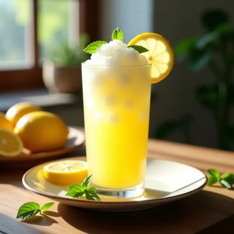 Vaso alto transparente con granizado de limón, lleno de hielo picado y trozos de limón fresco, decorado con hojas de menta. Fondo de mesa de madera con limones cortados y una jarra de agua.