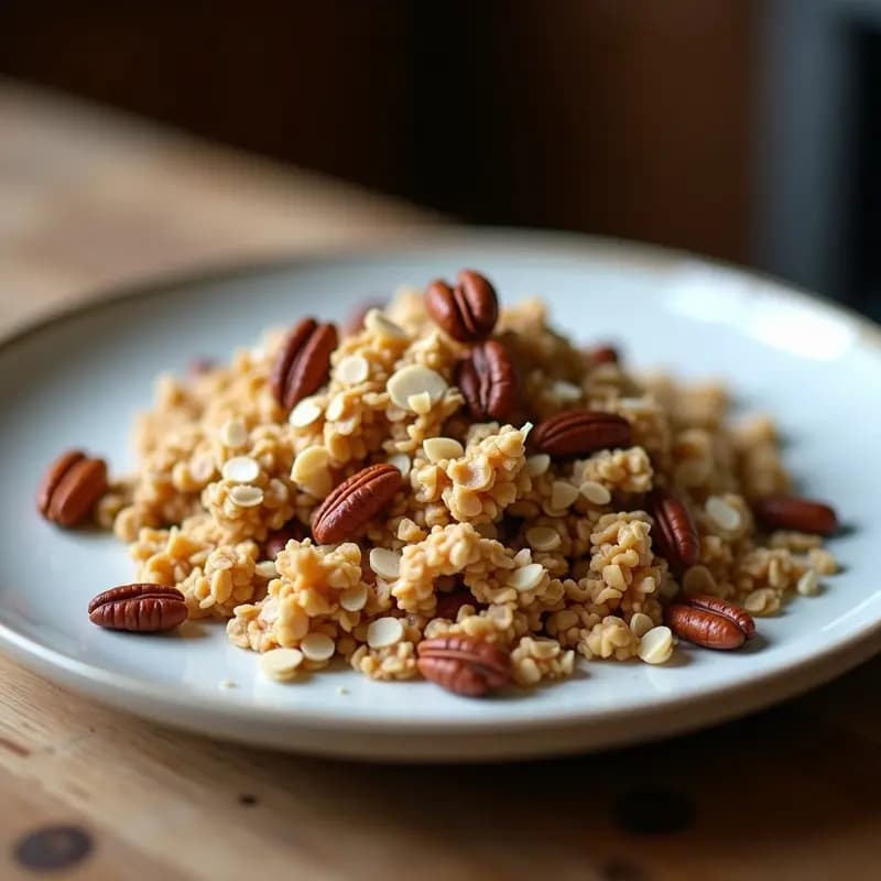 Bandeja de granola de avena y coco recién horneada, dorada y crujiente, con trozos de almendras, nueces y coco rallado. Desayuno energético listo para servir en un bol con yogur o leche vegetal.