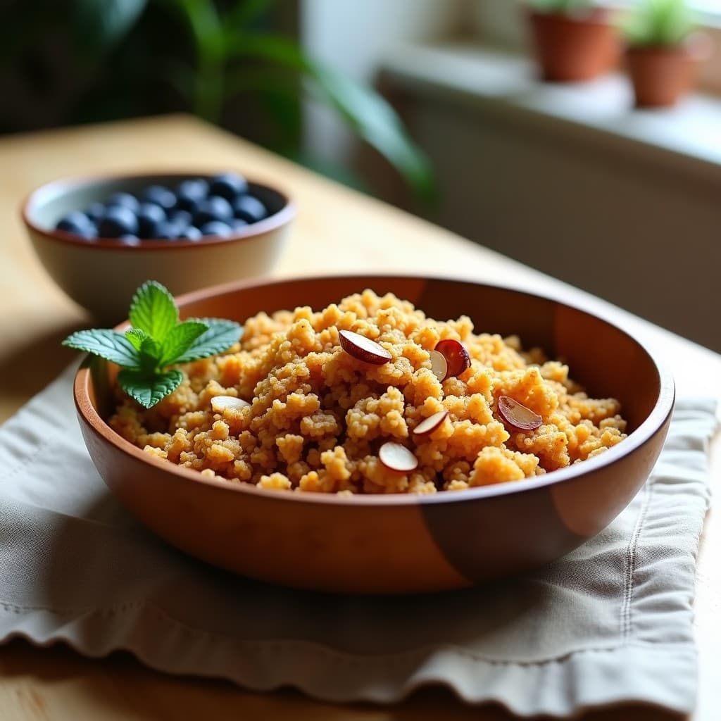 Granola dorada y crujiente con semillas de calabaza, copos de quinoa y almendras fileteadas, espolvoreada con canela y bañada en sirope de arce. Servida en un bol de madera con yogur vegetal y frutos rojos, ideal para un desayuno sin gluten y sin azúcar.