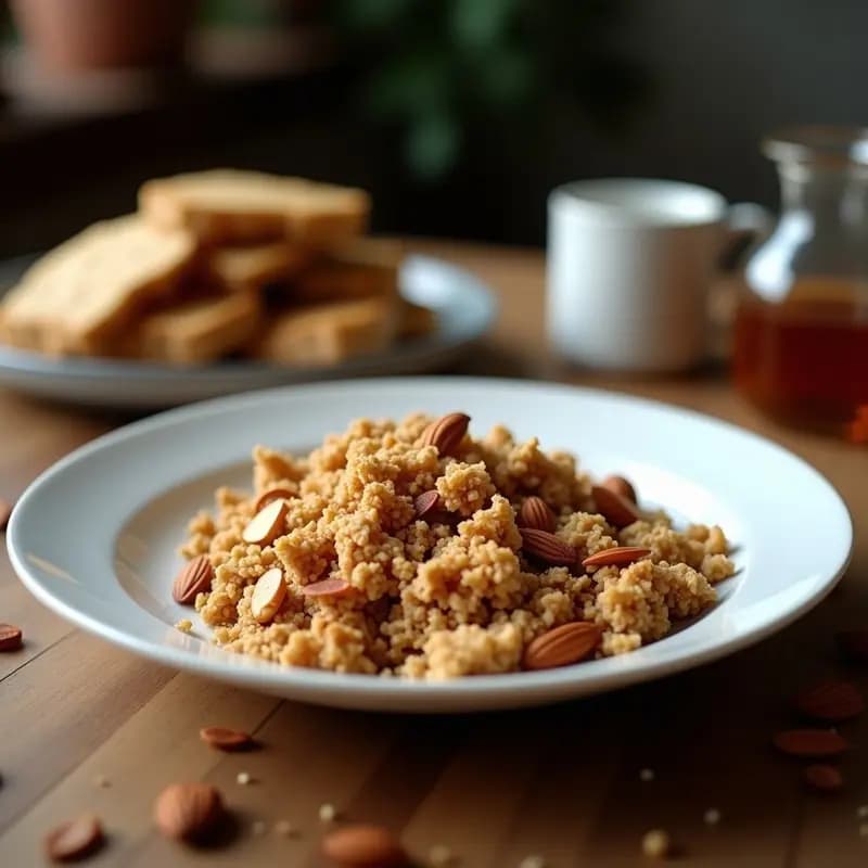 Granola dorada de coco y almendras con especias chai, servida en un bol de barro con yogur vegetal y frutos rojos, desayuno indio alto en energía.