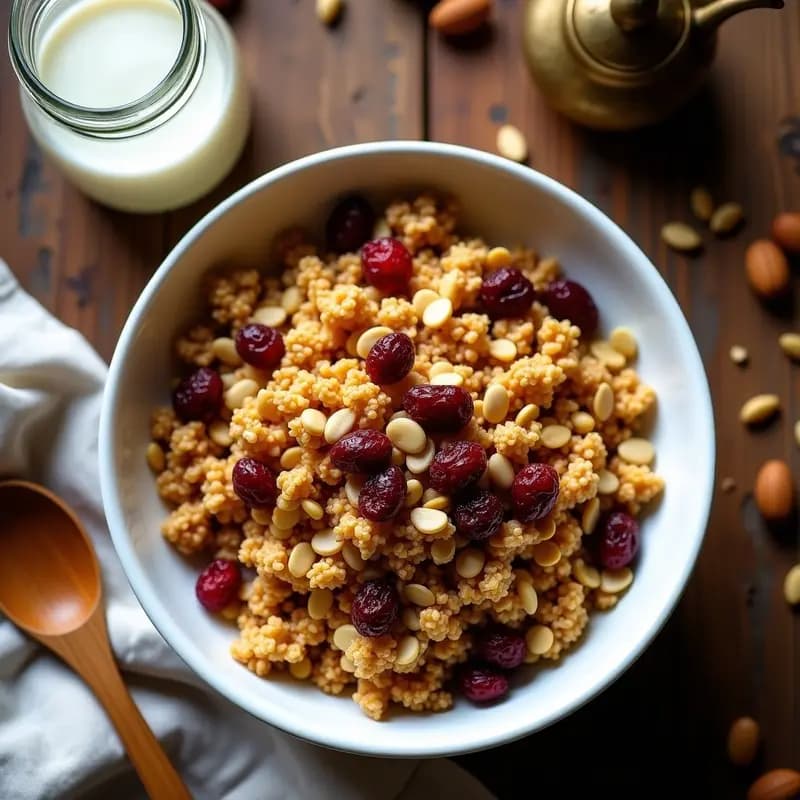 Granola dorada de semillas de girasol y arándanos con miel de dátil, servida en un bol de cerámica blanca sobre fondo rústico de madera, acompañada de yogur vegetal y una cuchara de madera. Desayuno iraní vegano y sin azúcar.