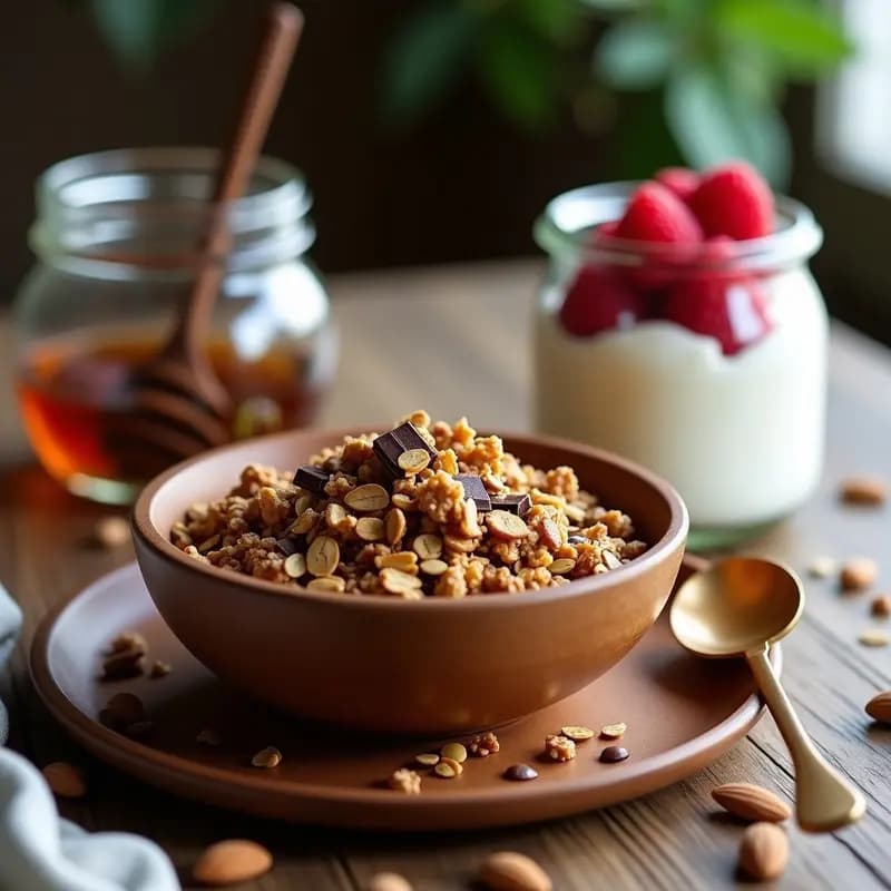 Bowl de madera con granola de avena, harina de grillo y chocolate negro 100%, acompañada de yogur griego y frutos rojos, desayuno mexicano alto en proteína y omega-3.