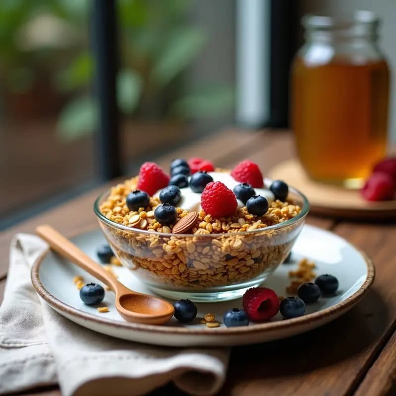 Bowl de vidrio transparente lleno de granola dorada de quinoa y semillas de cáñamo con miel de agave, acompañada de yogur griego y frutos rojos frescos sobre una mesa de madera rústica.
