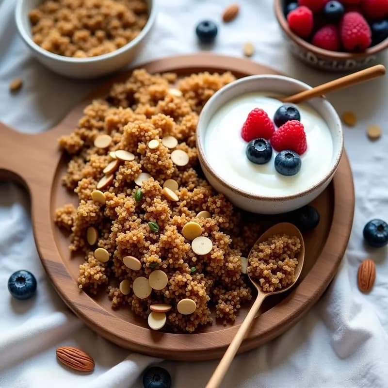 Bandeja de madera con granola de quinoa y semillas de chía sin azúcar, dorada y crujiente, acompañada de almendras fileteadas, nueces de Brasil y un cuenco de yogur vegetal con frutos rojos frescos. Receta andina saludable y sin azúcar.