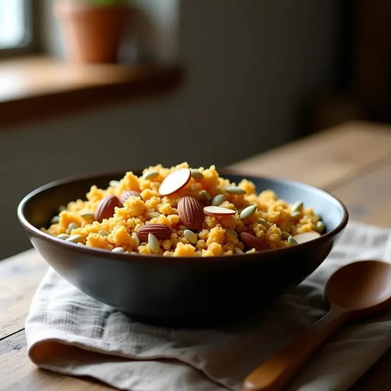 Bol de vidrio transparente lleno de granola de semillas y cúrcuma, con trozos dorados de almendras, coco rallado y semillas variadas. Acompañado de una cuchara de madera y un paño rústico de fondo, resaltando su textura crujiente y su color dorado con toques amarillos de cúrcuma. Desayuno energético sin azúcar y crudivegano.