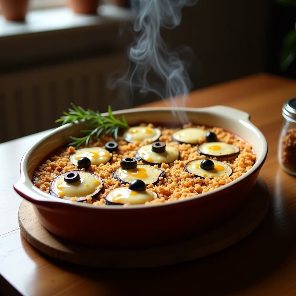 Gratin de berenjena y queso de almendras con miel de dátil en fuente de barro, dorado y burbujeante, con topping crujiente de pan sin gluten y aceitunas negras. Plato vegano francés al horno.