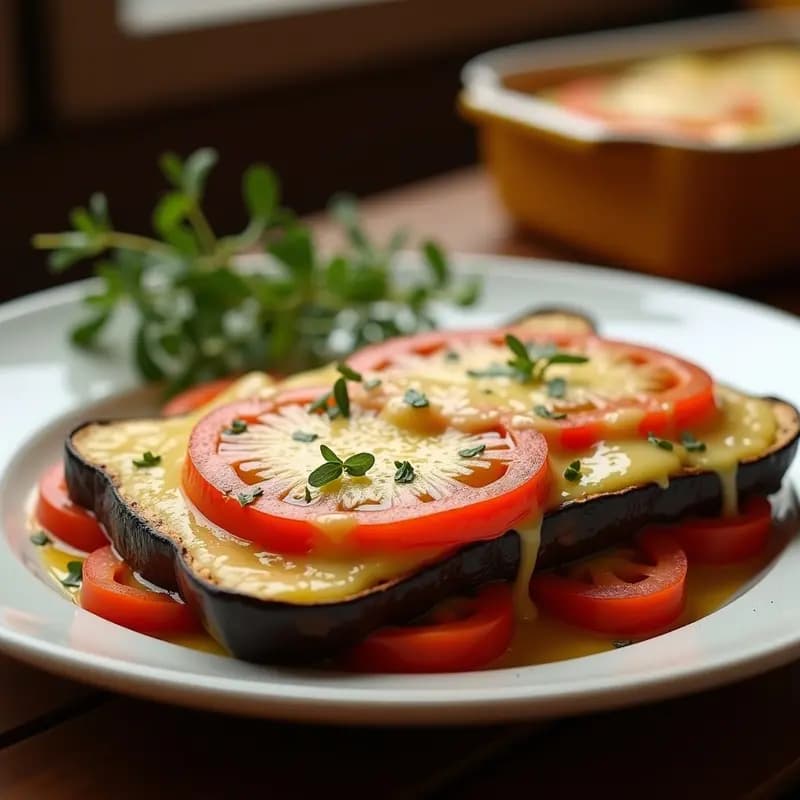 Gratin de berenjena y tomate con queso de anacardos en bandeja de barro, dorado al horno, con capas visibles de berenjena, tomate y crema de anacardos. Plato vegano francés cremoso y apetitoso.