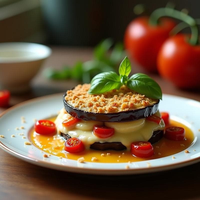 Gratin de berenjenas en capas con queso de almendras cremoso y tomates secos, dorado al airfryer, decorado con albahaca fresca sobre fondo rústico.