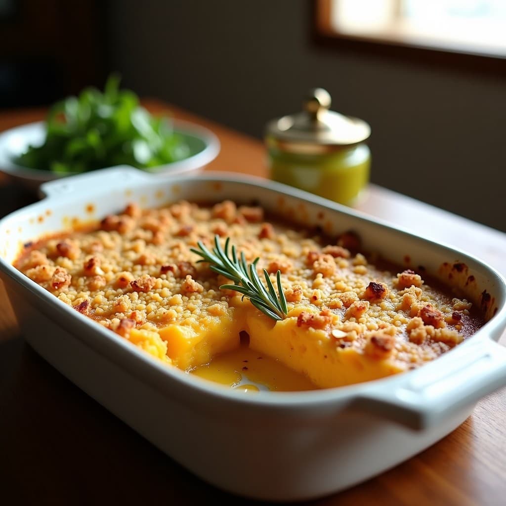 Gratin de calabaza butternut y queso de oveja con migas de almendra doradas, receta francesa keto en Thermomix, servido en fuente de barro con bordes crujientes y textura cremosa.