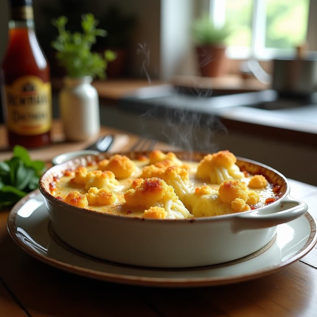 Gratin de coliflor y Camembert con Newman’s Own en molde de barro, dorado y burbujeante, con capas visibles de queso fundido y coliflor tierna, servido en mesa rústica con fondo de cocina francesa.