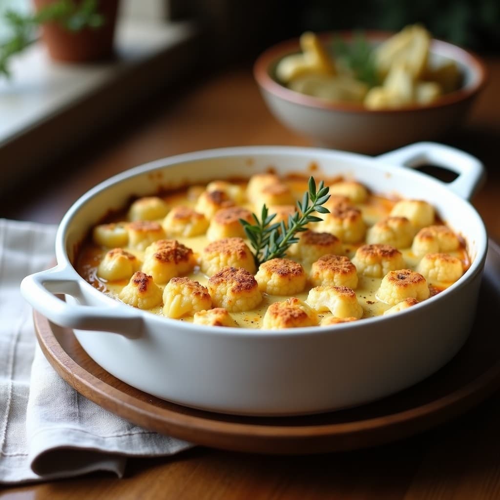 Gratin de coliflor y queso de cabra con miga de almendras doradas, servido en fuente de cerámica blanca sobre mesa de madera rústica. La coliflor está cubierta por una crema espesa y queso fundido, con una capa crujiente de almendras tostadas. Plato francés sin gluten con toque gourmet.