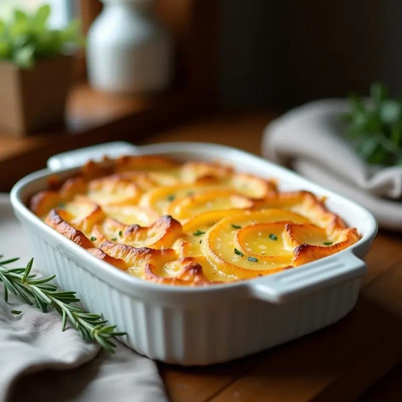 Gratin dauphinois de patata y queso Gruyère al horno, con capas doradas y cremosas, servido en molde de barro rústico sobre mesa de madera.