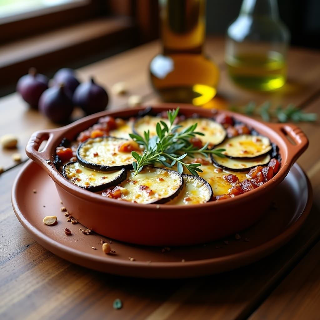 Gratinado griego de berenjena y queso de oveja con mermelada de higo, servido en fuente de barro con capas doradas de queso fundido, rodajas de berenjena asada y un brillo dulce de la mermelada, decorado con orégano fresco y almendras tostadas.